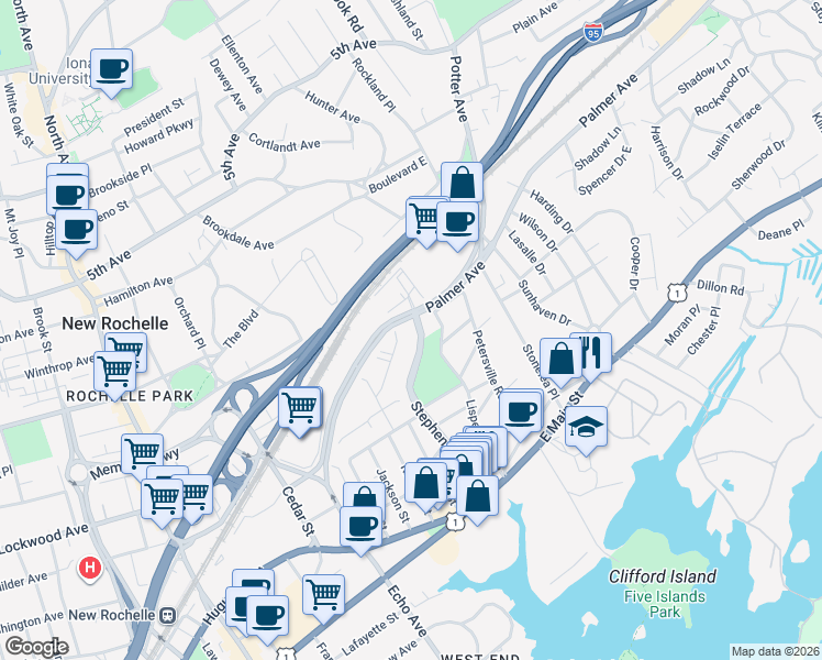 map of restaurants, bars, coffee shops, grocery stores, and more near 170 Stephenson Boulevard in New Rochelle