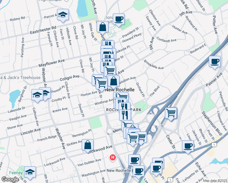 map of restaurants, bars, coffee shops, grocery stores, and more near 515 North Avenue in New Rochelle