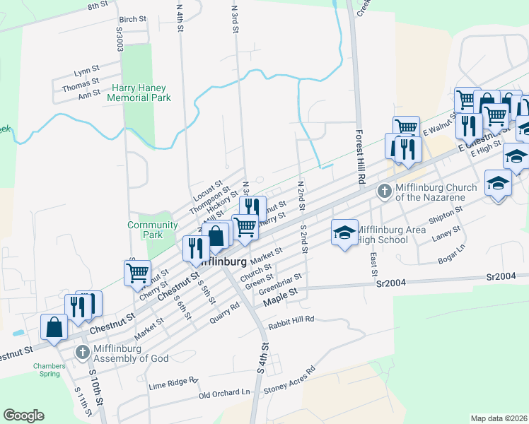 map of restaurants, bars, coffee shops, grocery stores, and more near Walnut Street in Mifflinburg
