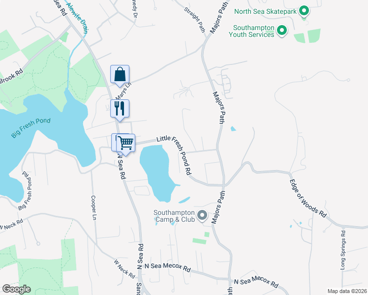 map of restaurants, bars, coffee shops, grocery stores, and more near 151 Little Fresh Pond Road in Southampton