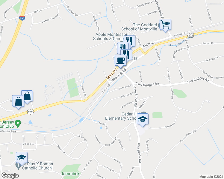 map of restaurants, bars, coffee shops, grocery stores, and more near 17 Pomona Road in Montville