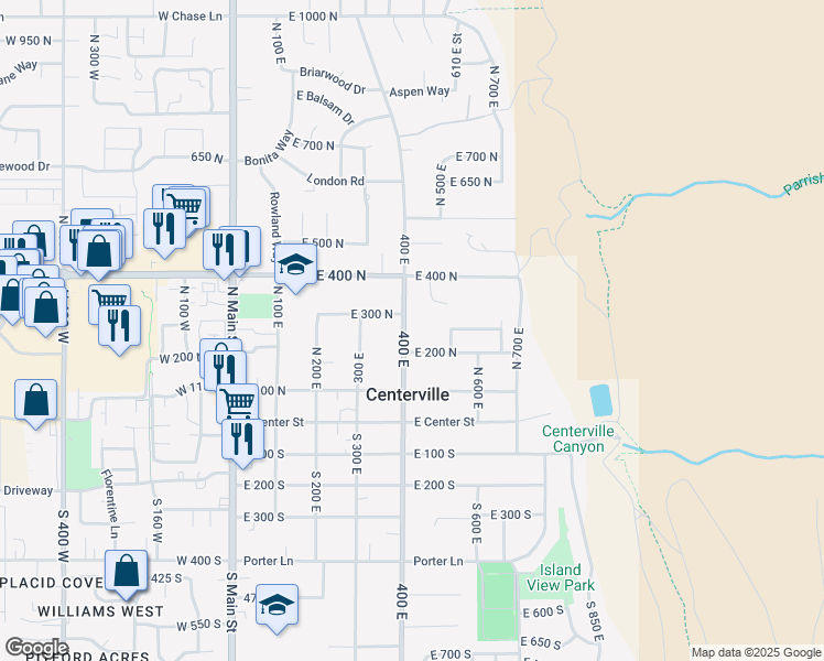 map of restaurants, bars, coffee shops, grocery stores, and more near 252 North 400 East in Centerville