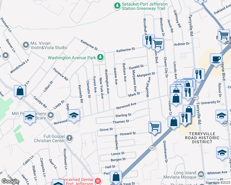 map of restaurants, bars, coffee shops, grocery stores, and more near 6 Jeanne Avenue in Port Jefferson Station