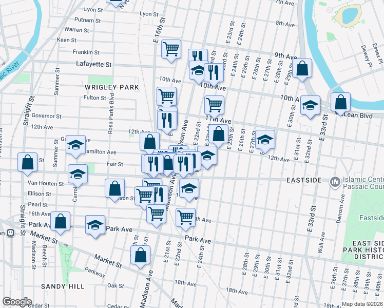 map of restaurants, bars, coffee shops, grocery stores, and more near 604 East 22nd Street in Paterson