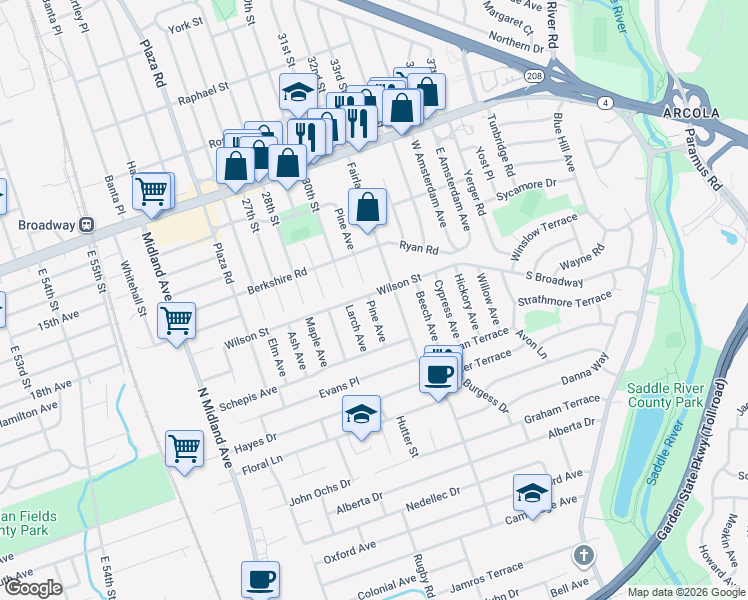 map of restaurants, bars, coffee shops, grocery stores, and more near 148 Wilson Street in Saddle Brook