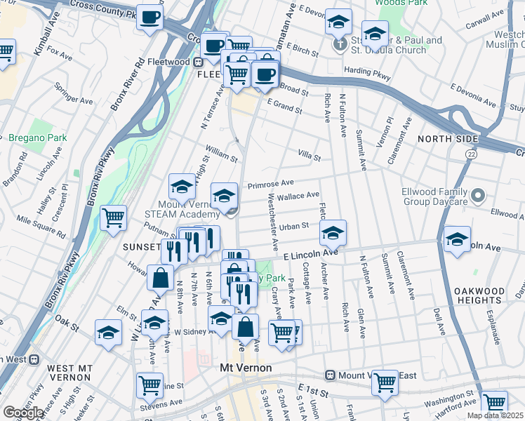 map of restaurants, bars, coffee shops, grocery stores, and more near 35 Overlook Street in Mount Vernon