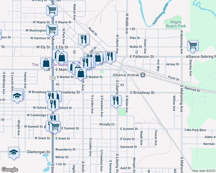 map of restaurants, bars, coffee shops, grocery stores, and more near 547 East Columbia Street in Alliance