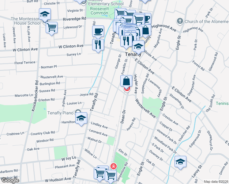 map of restaurants, bars, coffee shops, grocery stores, and more near 58 George Street in Tenafly