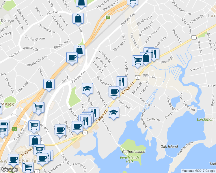 map of restaurants, bars, coffee shops, grocery stores, and more near 52 Sunhaven Drive in New Rochelle
