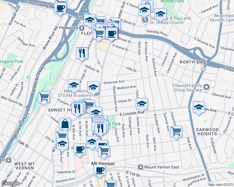 map of restaurants, bars, coffee shops, grocery stores, and more near 105 Overlook Street in Mount Vernon