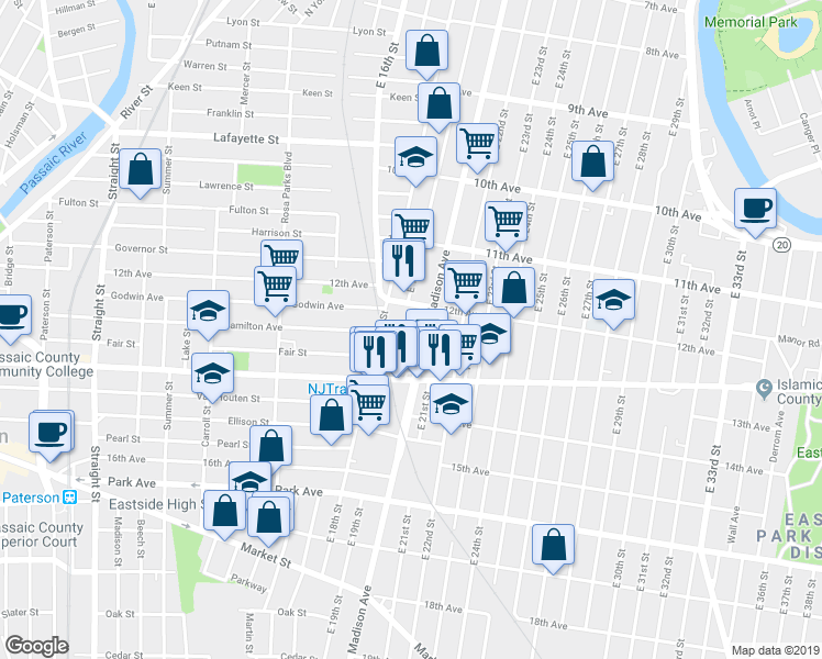 map of restaurants, bars, coffee shops, grocery stores, and more near 409 Hamilton Avenue in Paterson
