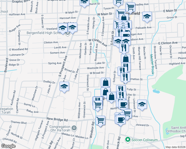 map of restaurants, bars, coffee shops, grocery stores, and more near 128 W Broad St in Bergenfield