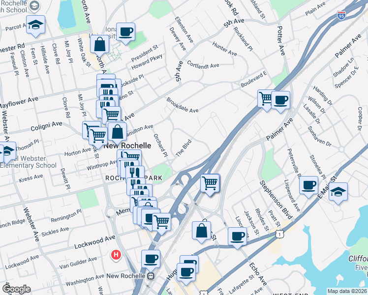 map of restaurants, bars, coffee shops, grocery stores, and more near 1 The Serpentine in New Rochelle