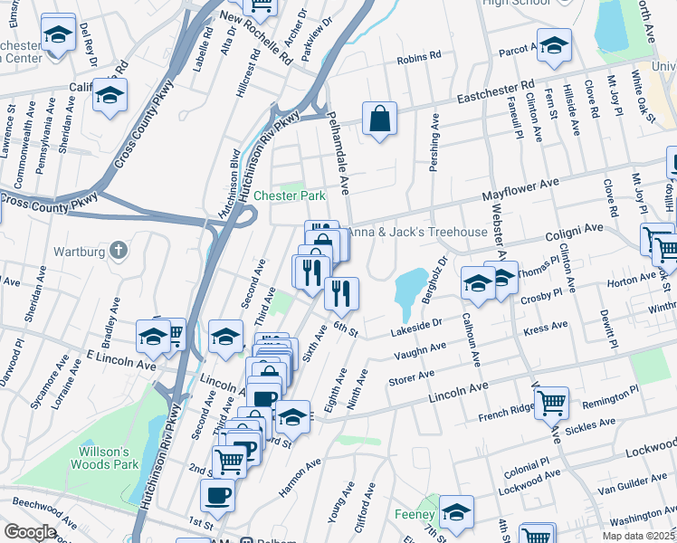map of restaurants, bars, coffee shops, grocery stores, and more near 604 Fifth Avenue in Village of Pelham