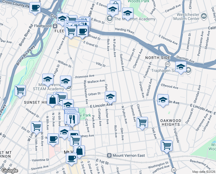 map of restaurants, bars, coffee shops, grocery stores, and more near 256 Rich Avenue in Mount Vernon