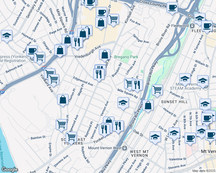 map of restaurants, bars, coffee shops, grocery stores, and more near 187 Vernon Avenue in Yonkers