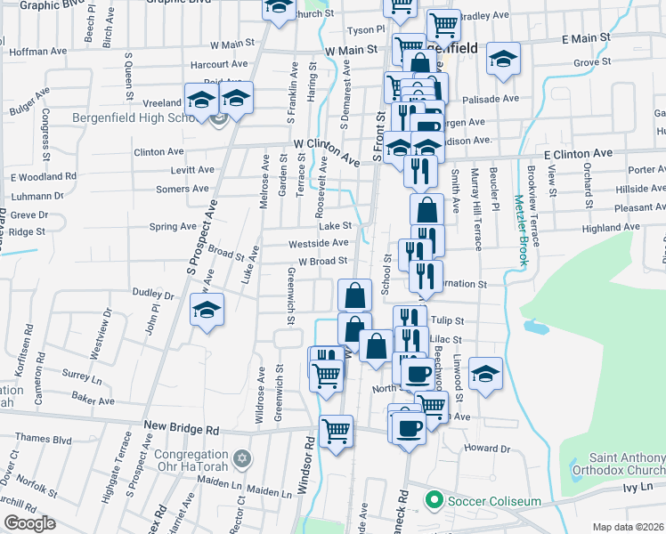 map of restaurants, bars, coffee shops, grocery stores, and more near in Bergenfield