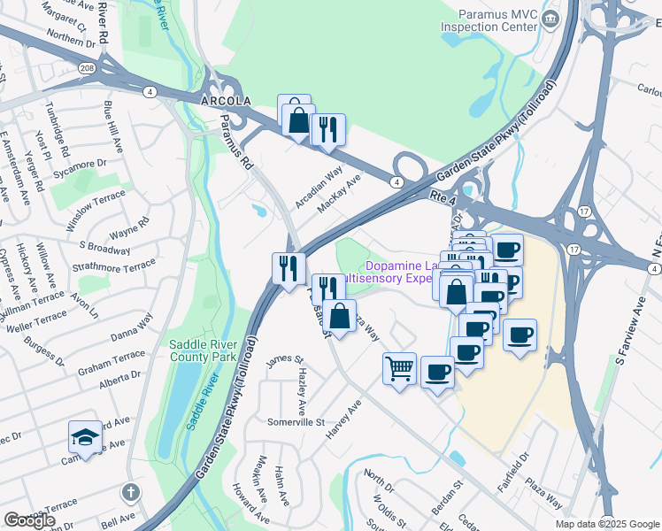 map of restaurants, bars, coffee shops, grocery stores, and more near 8 Pond Place in Paramus
