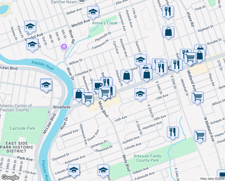map of restaurants, bars, coffee shops, grocery stores, and more near 109 Bellevue Avenue in Elmwood Park