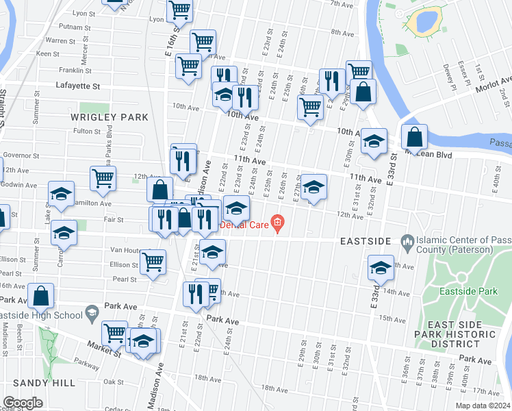 map of restaurants, bars, coffee shops, grocery stores, and more near 572 East 25th Street in Paterson