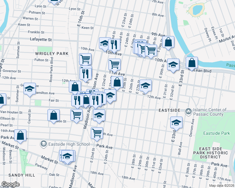 map of restaurants, bars, coffee shops, grocery stores, and more near 572 East 25th Street in Paterson