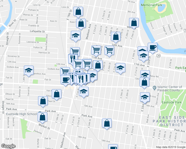 map of restaurants, bars, coffee shops, grocery stores, and more near 597 East 23rd Street in Paterson