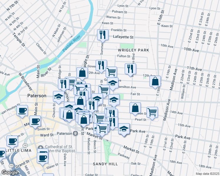 map of restaurants, bars, coffee shops, grocery stores, and more near 2 Lake Street in Paterson