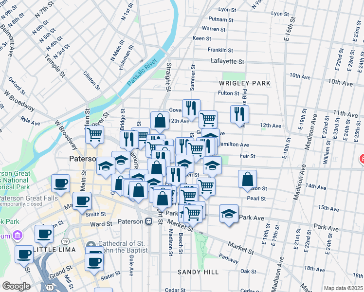map of restaurants, bars, coffee shops, grocery stores, and more near 63 Auburn Street in Paterson