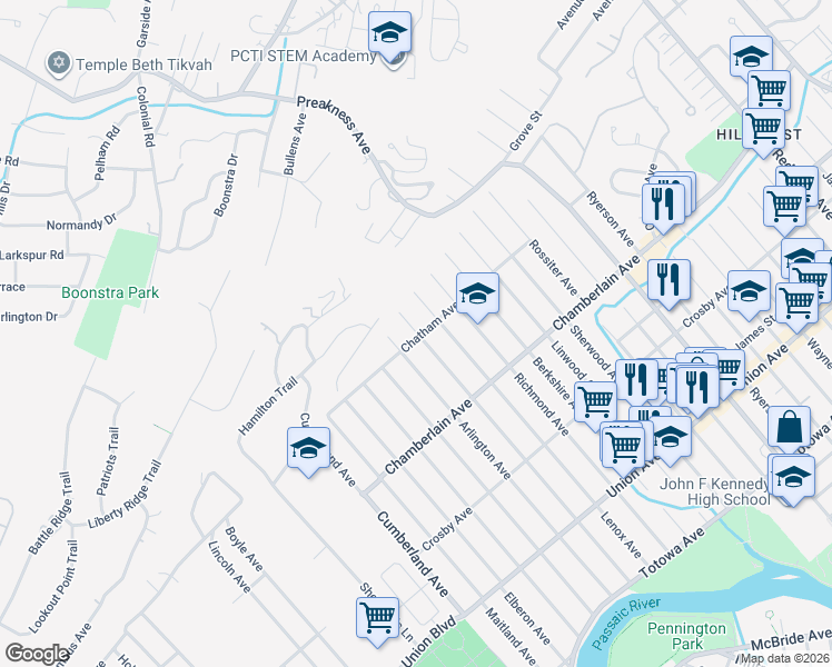 map of restaurants, bars, coffee shops, grocery stores, and more near 127 Chatham Avenue in Paterson