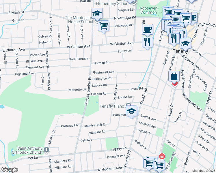 map of restaurants, bars, coffee shops, grocery stores, and more near 126 Sussex Road in Tenafly