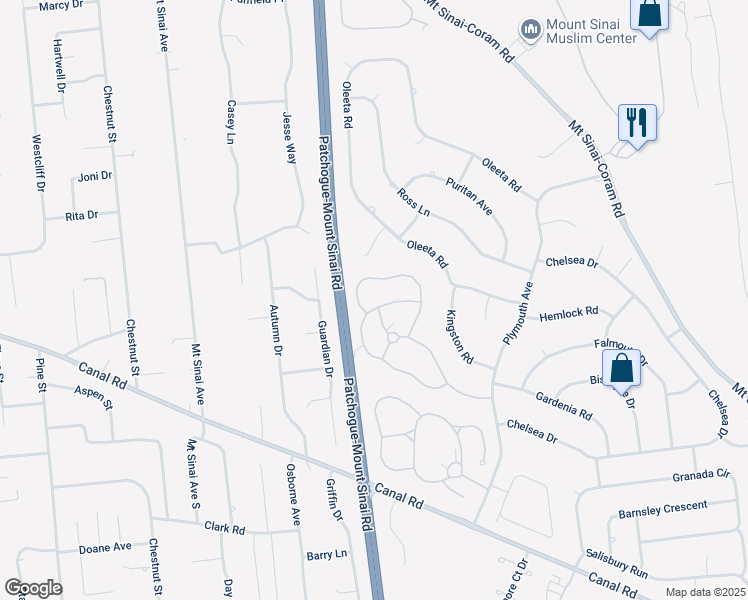 map of restaurants, bars, coffee shops, grocery stores, and more near 100 Hearthside Drive in Mount Sinai