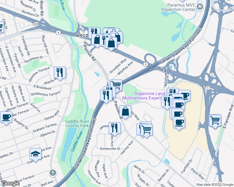 map of restaurants, bars, coffee shops, grocery stores, and more near 102 Paramus Road in Paramus