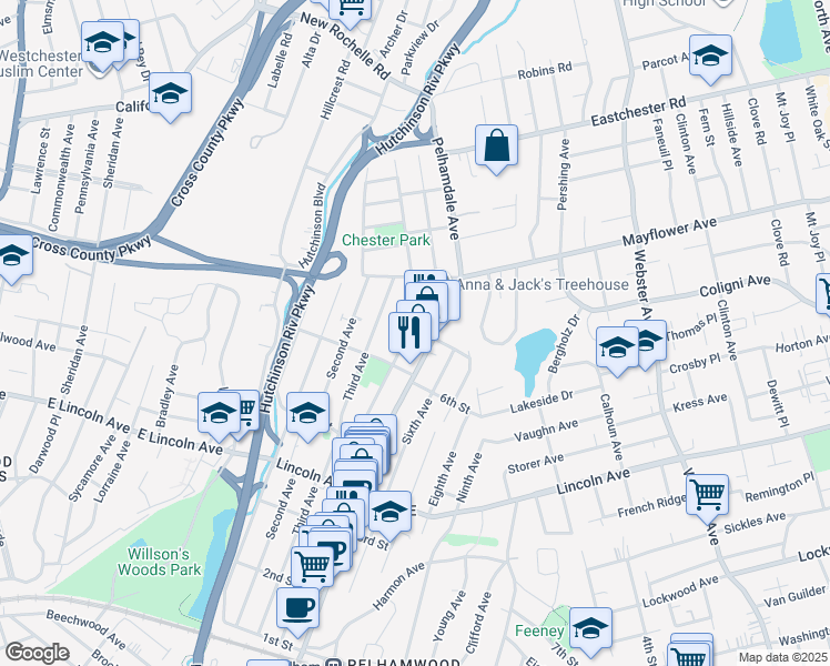 map of restaurants, bars, coffee shops, grocery stores, and more near 529 Fourth Avenue in Village of Pelham