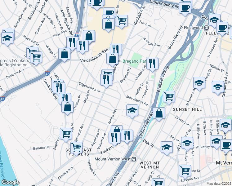 map of restaurants, bars, coffee shops, grocery stores, and more near 187 Vernon Avenue in Yonkers