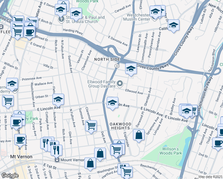 map of restaurants, bars, coffee shops, grocery stores, and more near 12 Ellwood Avenue in Mount Vernon