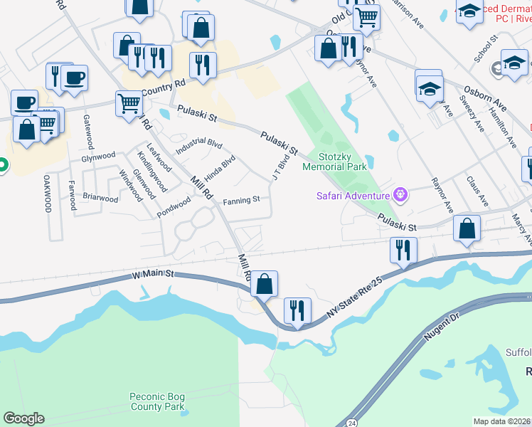 map of restaurants, bars, coffee shops, grocery stores, and more near 62 J T Boulevard in Riverhead