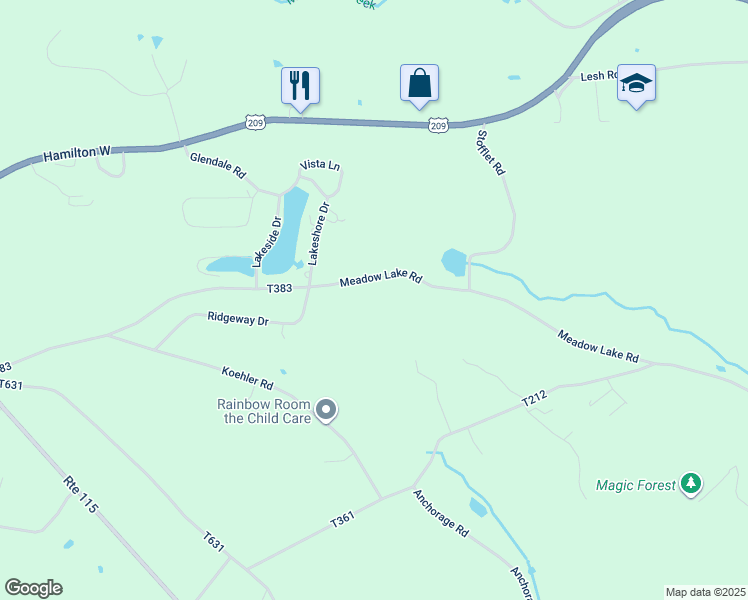 map of restaurants, bars, coffee shops, grocery stores, and more near 2294 Meadow Lake Road in Saylorsburg