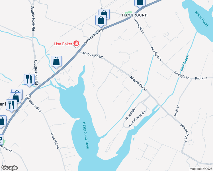 map of restaurants, bars, coffee shops, grocery stores, and more near 87 Olivers Cove Lane in Water Mill