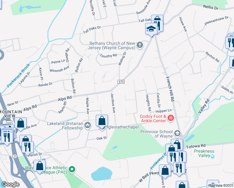 map of restaurants, bars, coffee shops, grocery stores, and more near 50 Jacobus Ave in Wayne