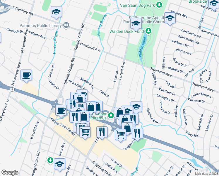 map of restaurants, bars, coffee shops, grocery stores, and more near 56 Lilac Lane in Paramus