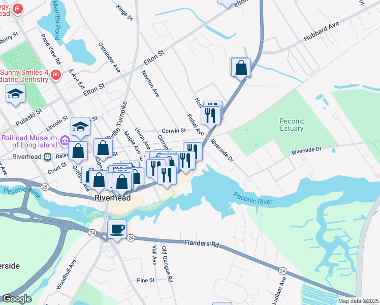 map of restaurants, bars, coffee shops, grocery stores, and more near 550 East Main Street in Riverhead