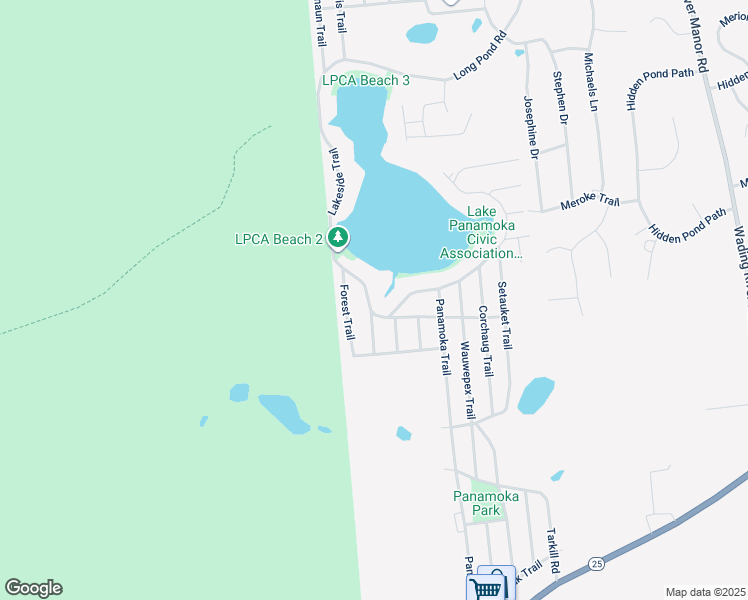 map of restaurants, bars, coffee shops, grocery stores, and more near 121 Lakeside Trail in Ridge