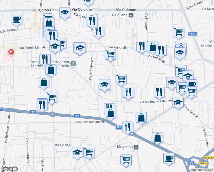 map of restaurants, bars, coffee shops, grocery stores, and more near 14 Via Ippolito Nievo in Giugliano in Campania