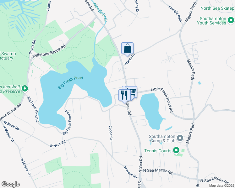 map of restaurants, bars, coffee shops, grocery stores, and more near 9 Lake Side Drive in Southampton
