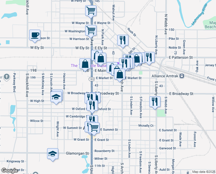 map of restaurants, bars, coffee shops, grocery stores, and more near 141 East Columbia Street in Alliance