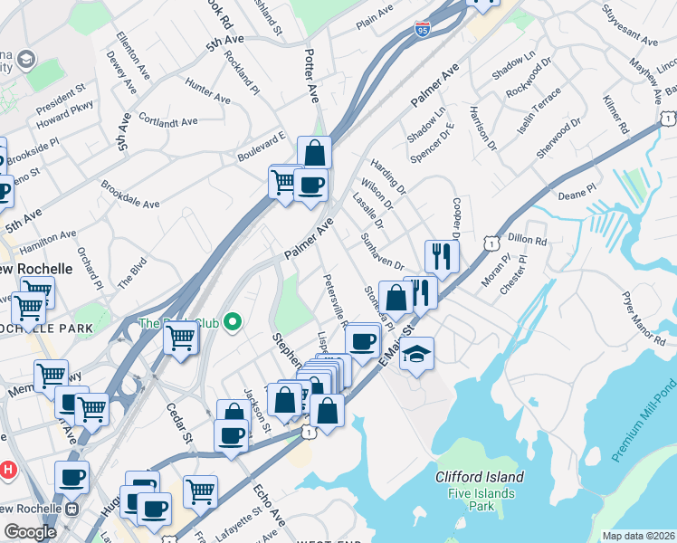 map of restaurants, bars, coffee shops, grocery stores, and more near 1 Pembroke Street in New Rochelle