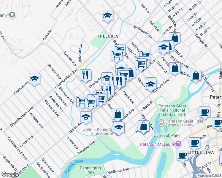 map of restaurants, bars, coffee shops, grocery stores, and more near 95 Manchester Avenue in Paterson