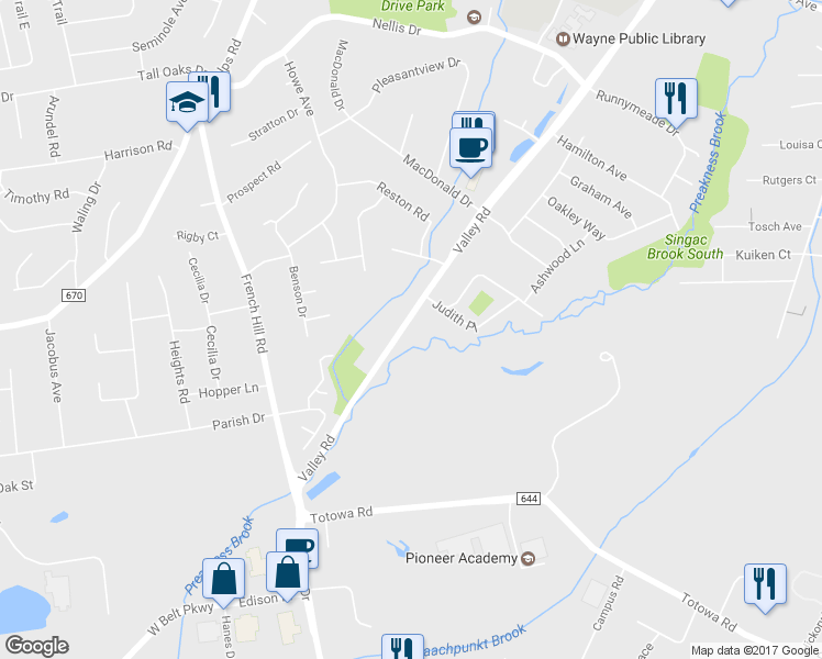 map of restaurants, bars, coffee shops, grocery stores, and more near 172 Valley Road in Wayne