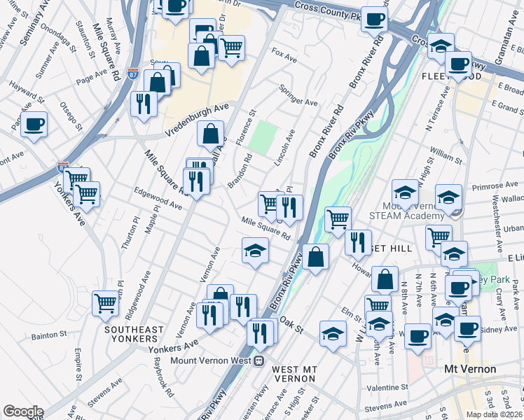 map of restaurants, bars, coffee shops, grocery stores, and more near 21 Halley Street in Yonkers