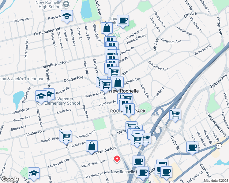 map of restaurants, bars, coffee shops, grocery stores, and more near 27 Horton Avenue in New Rochelle